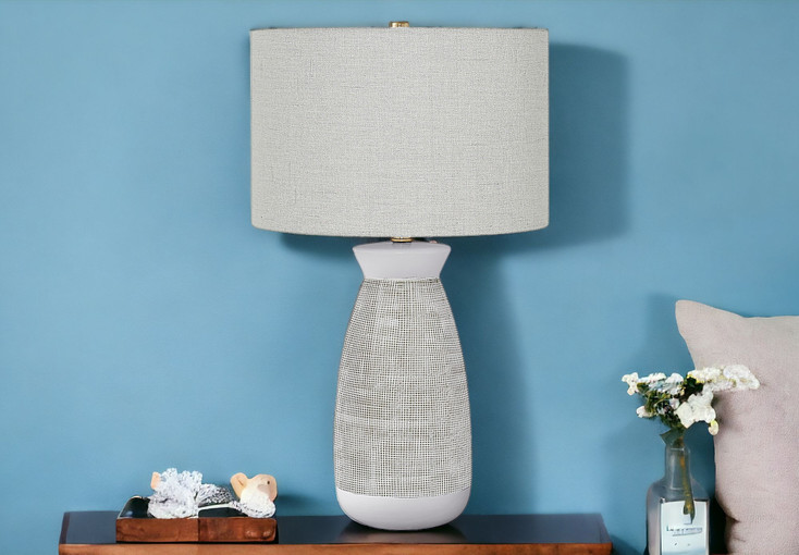 27" Gray and White Ceramic Round Table Lamp with Gray Drum Shade