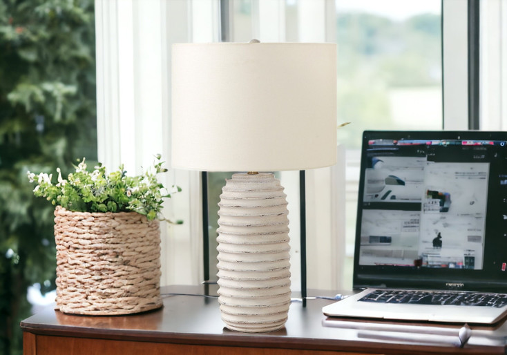 28" Cream Geometric Table Lamp with Cream Drum Shade