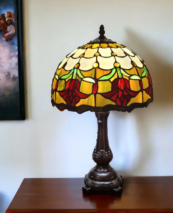 19" Dark Brown Metal Candlestick Table Lamp with Orange Dome Shade