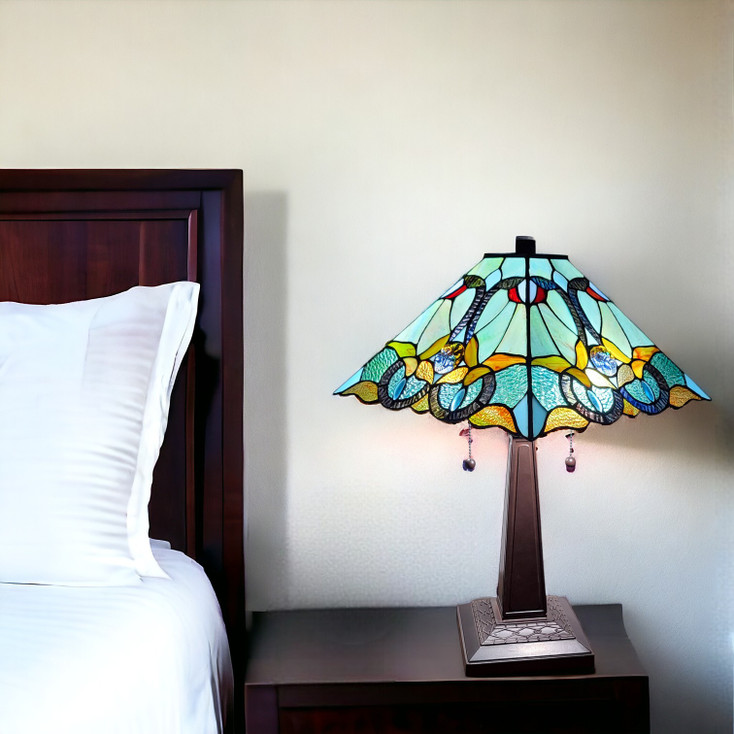 23" Dark Brown Metal Two Light Table Lamp with Blue and Green Cone Shade