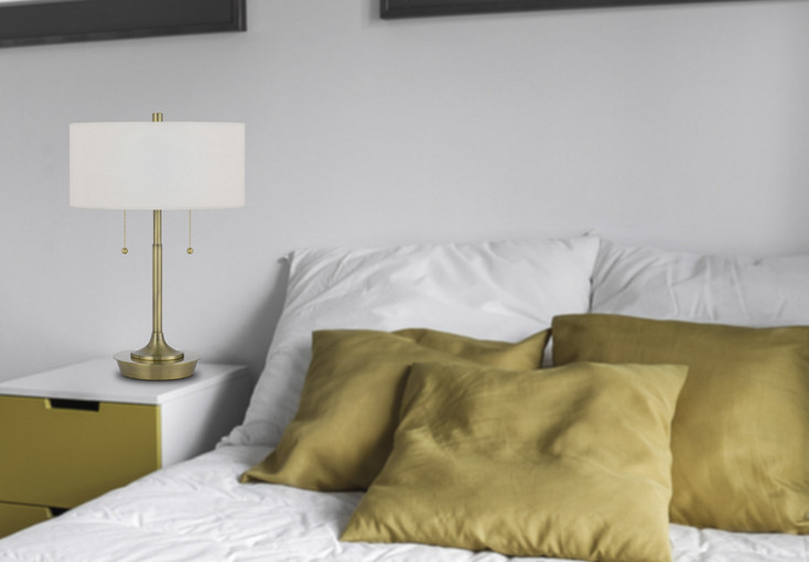 20" Antiqued Brass Metal Two Light Table Lamp with White Drum Shade