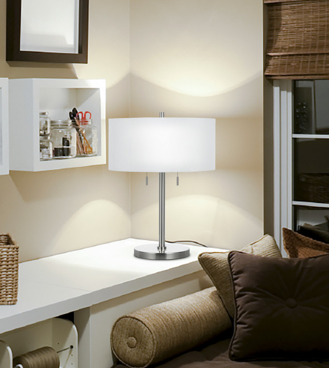 24" Nickel Metal Two Light Table Lamp with White Empire Shade
