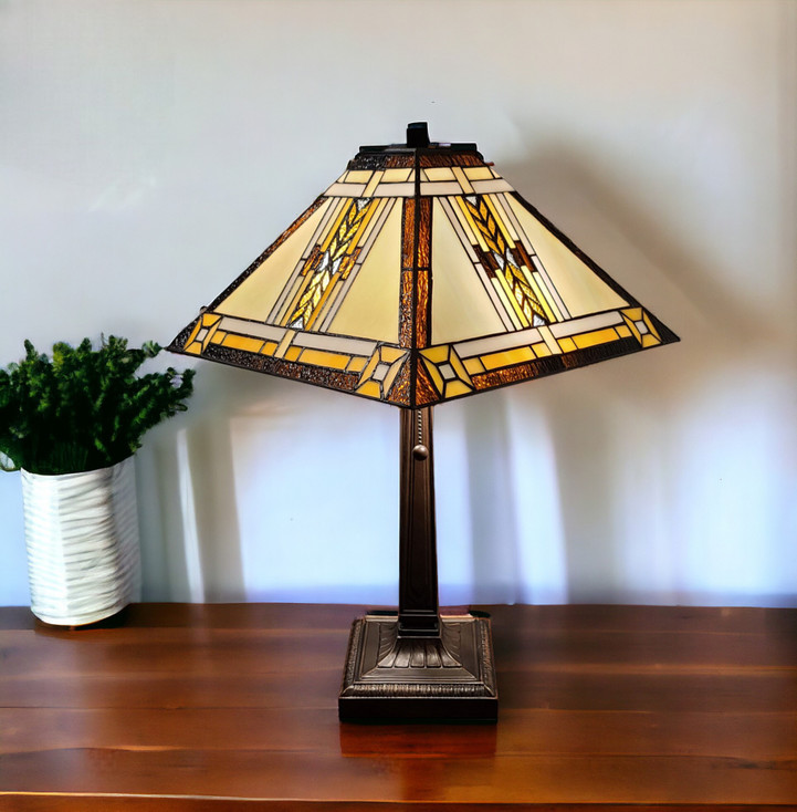 22" Dark Brown Metal Two Light Candlestick Table Lamp with Beige Shade