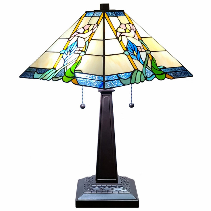 22" Dark Brown Metal Two Light Candlestick Table Lamp with Blue and Beige Shade