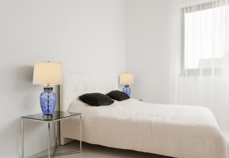 28" Blue Swirl Glass Table Lamp with White Empire Shade