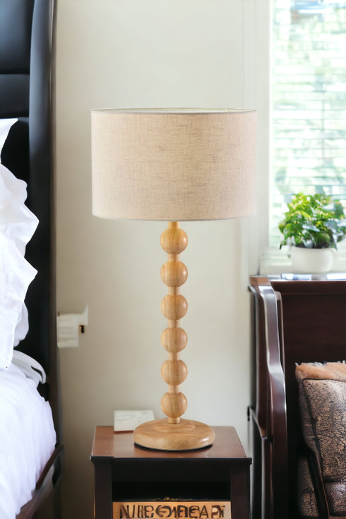 28" Brown Solid Wood Candlestick Table Lamp with Off White Drum Shade