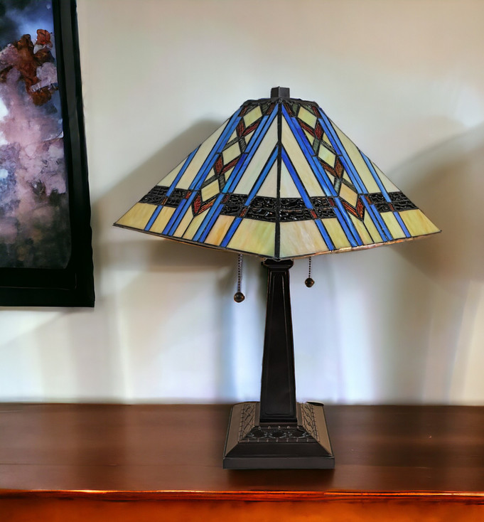 22" Dark Brown Metal Two Light Candlestick Table Lamp with Blue Empire Shade