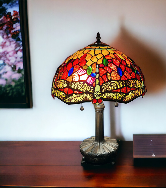 22" Dark Brown Metal Two Light Candlestick Table Lamp with Red and Black Shade