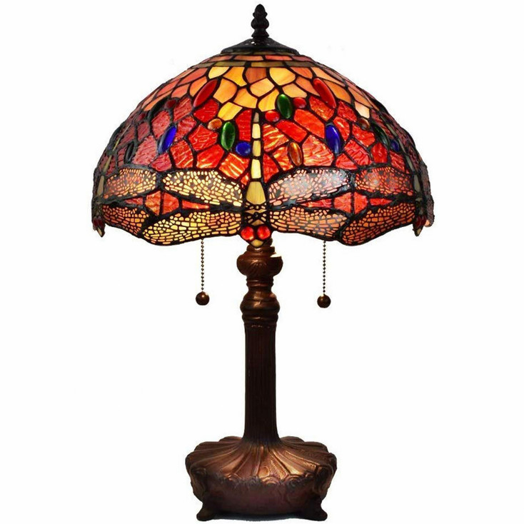 22" Dark Brown Metal Two Light Candlestick Table Lamp with Red and Black Shade
