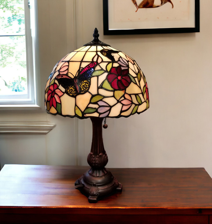 19" Dark Brown Metal Candlestick Table Lamp with Red and Black Dome Shade