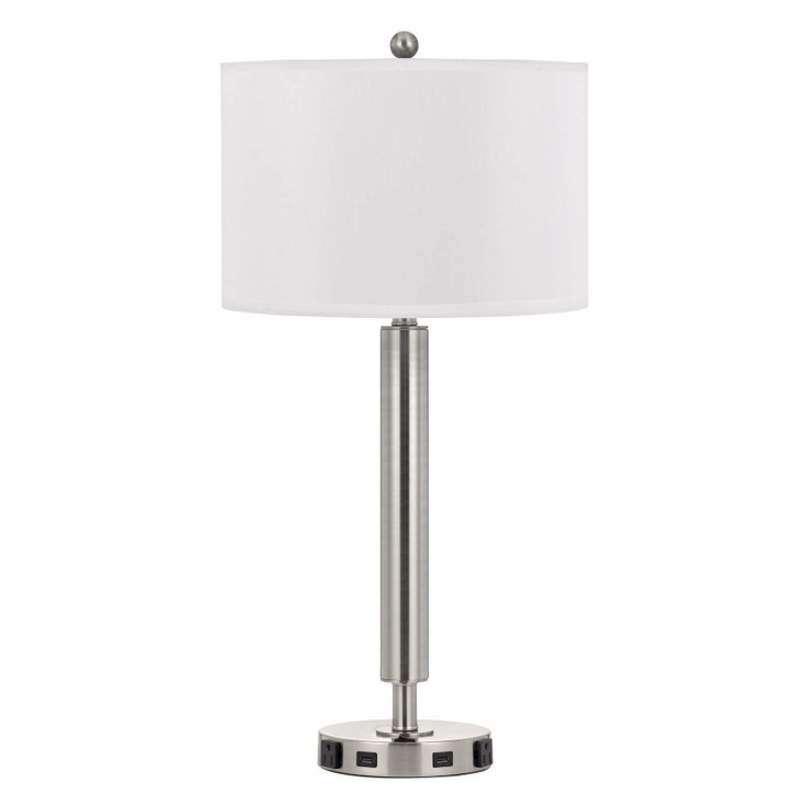 30" Nickel Metal Cylinder USB Table Lamp with White Drum Shade