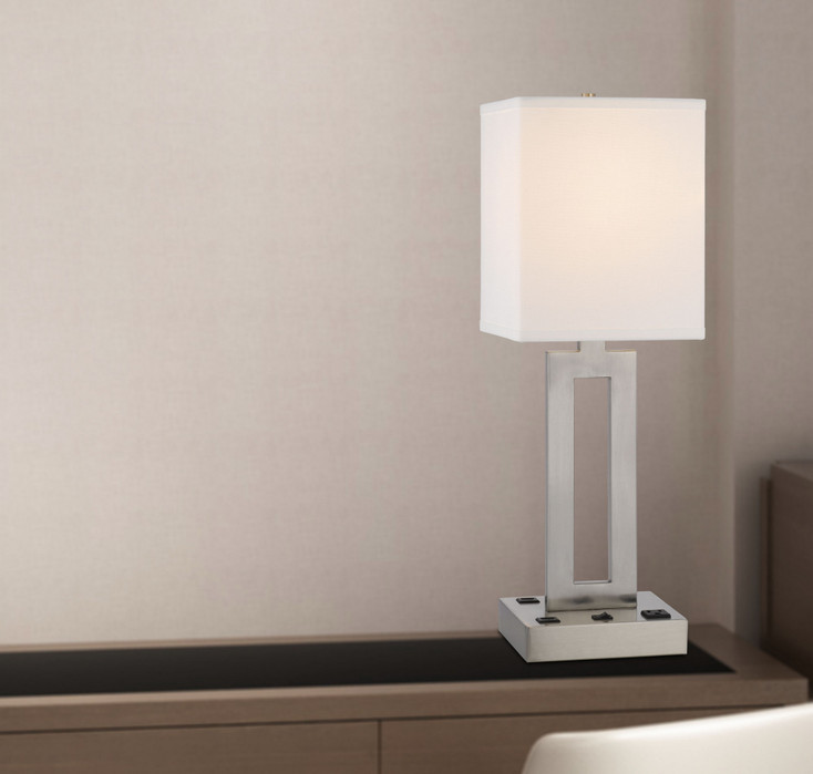 24" Nickel Metal Desk Usb Table Lamp with White Drum Shade