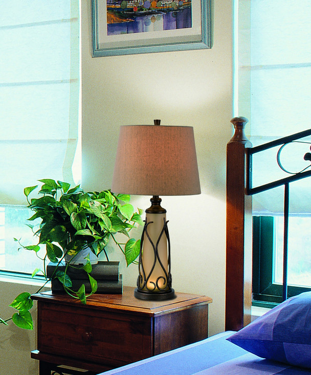 30" Brown Metal Two Light Table Lamp with Brown Empire Shade