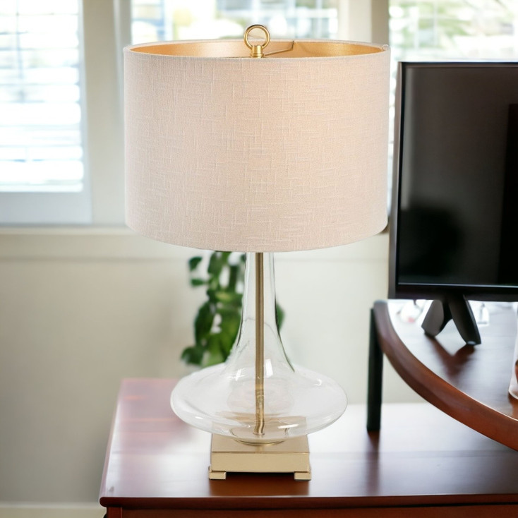 26" Clear Glass LED Table Lamp with Beige Drum Shade