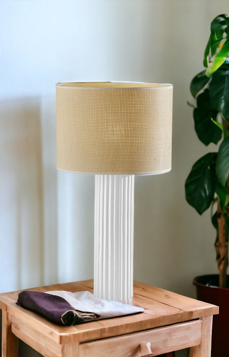 29" White Ceramic Cylinder Table Lamp with Beige Drum Shade