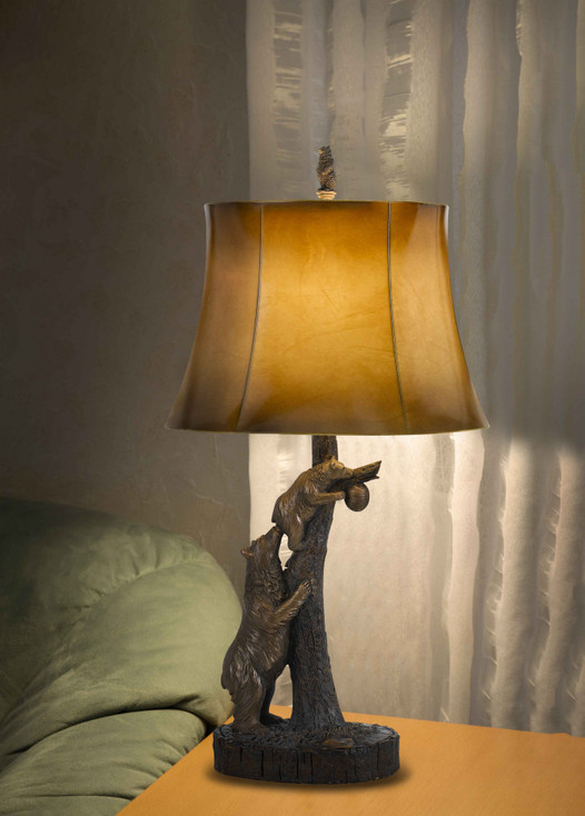 31" Bronze Bears After the Honey Table Lamp with Brown Faux Leather Shade
