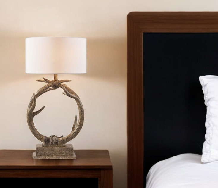27" Brown Rustic Faux Antlers Table Lamp with White Drum Shade