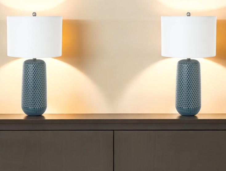Set of Two 30" Blue Ceramic Geometric Table Lamp with White Drum Shade