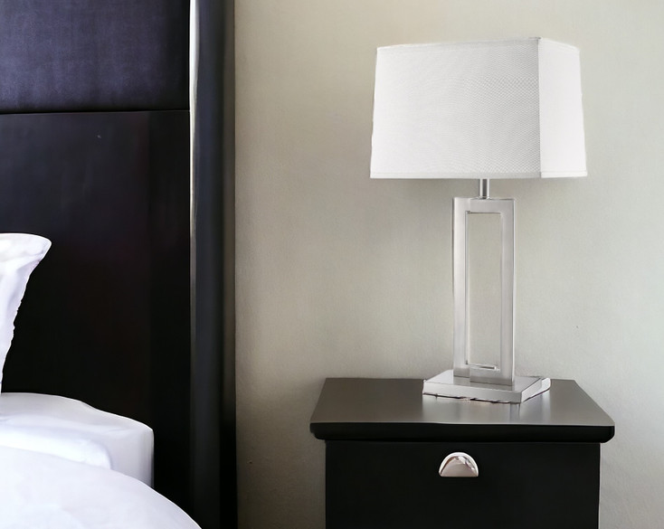 30" Silver Metal Table Lamp with White Rectangular Shade