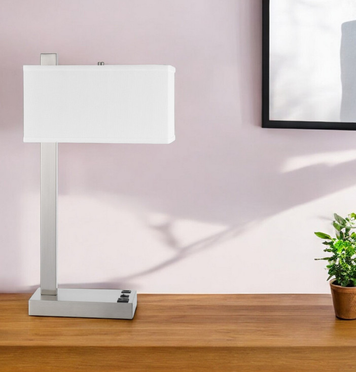 25" Nickel Metal Desk USB Table Lamp with White Shade