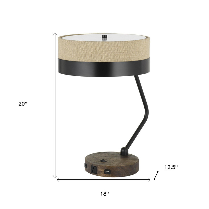 20" Black Metal Two Light Desk Usb Table Lamp with Beige Drum Shade