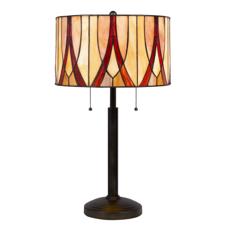 24" Bronze Metal Two Light Table Lamp with Red And Ivory Drum Shade