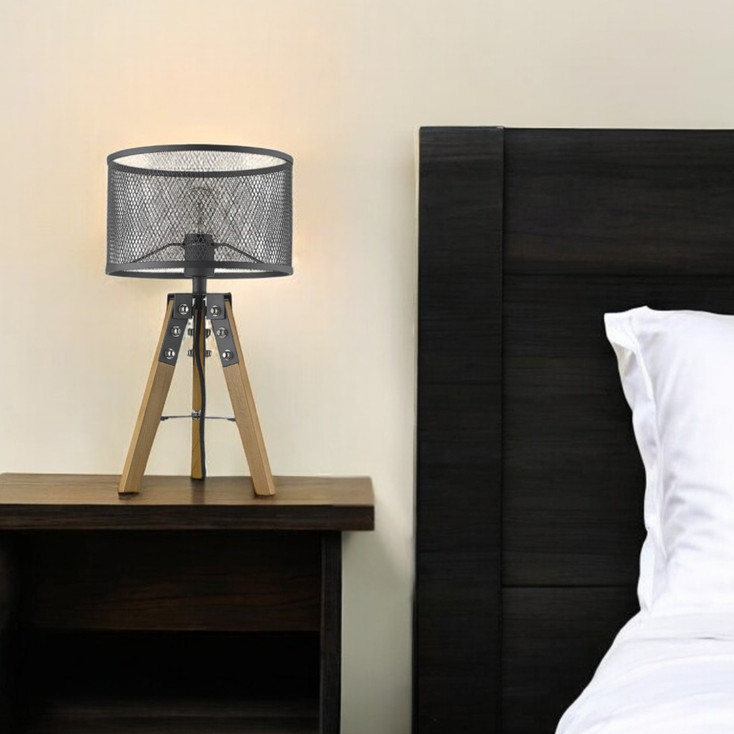 20" Brown Solid Wood Tripod Table Lamp with Black Drum Shade