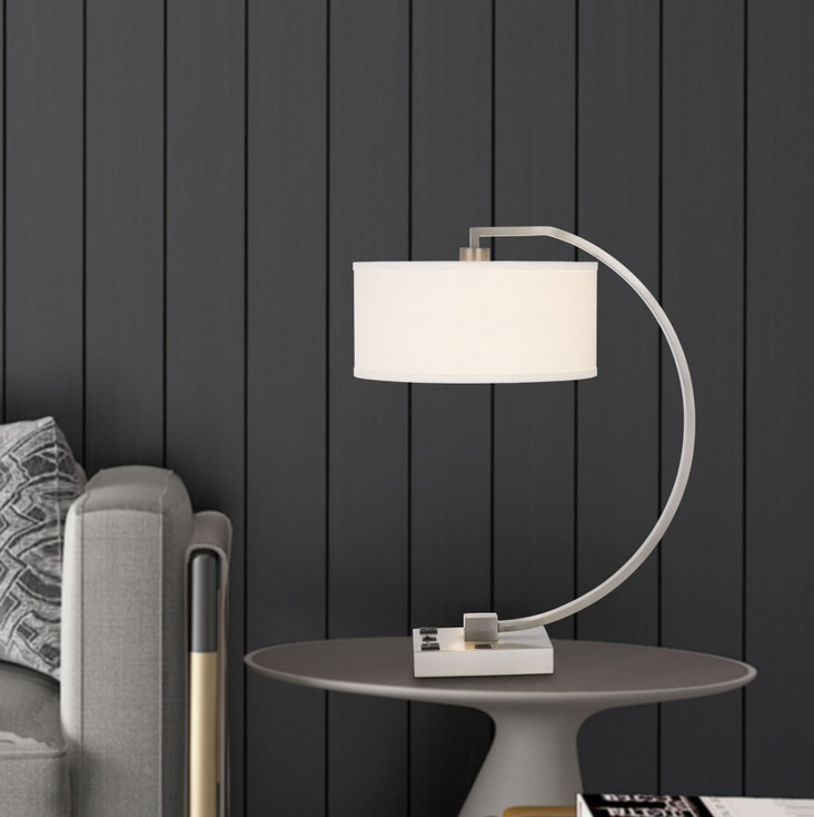26" Nickel Metal Lantern Desk USB Table Lamp with White Shade