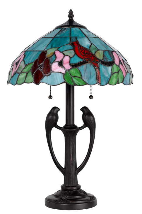 22" Bronze Two Light Tiffany Table Lamp with Aqua and Red Floral Shade
