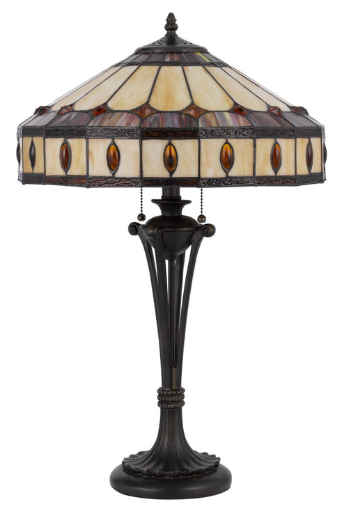 26" Black Metal Two Light Candlestick Table Lamp with Ivory and Red Dome Shade