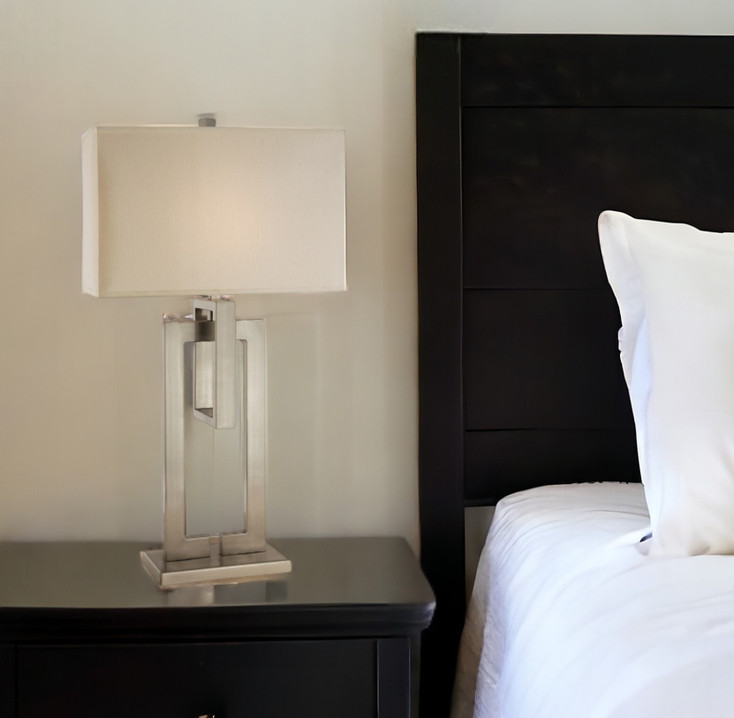 36" Nickel Iron Geometric Table Lamp with Ivory Shade