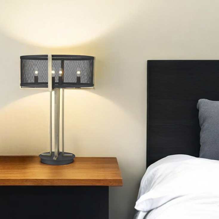 25" Brass Metal Four Light Geometric Table Lamp with Black Drum Shade