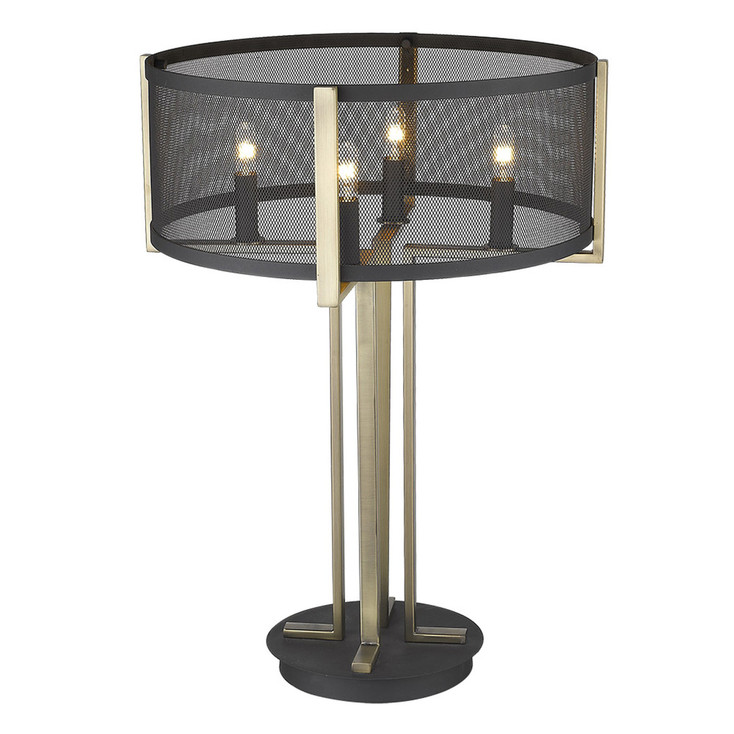 25" Brass Metal Four Light Geometric Table Lamp with Black Drum Shade