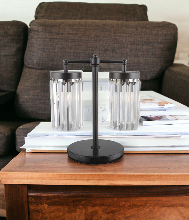 18" Black Iron Two Light Cylinder Bedside Table Lamp with Clear Cylinder Shade