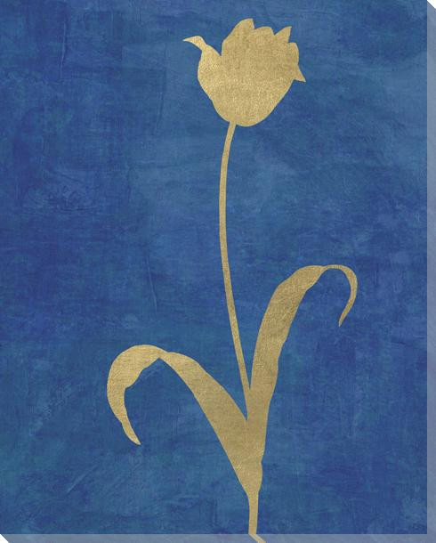 Golden Botanicals On Blue 1 Wrapped Canvas Giclee Art Print Wall Art