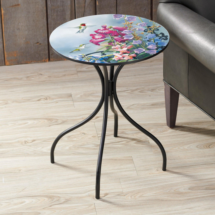 22" Victorian Seasons Hummingbirds and Flowers Metal Accent Table with Printed Top by Susan Bourdet