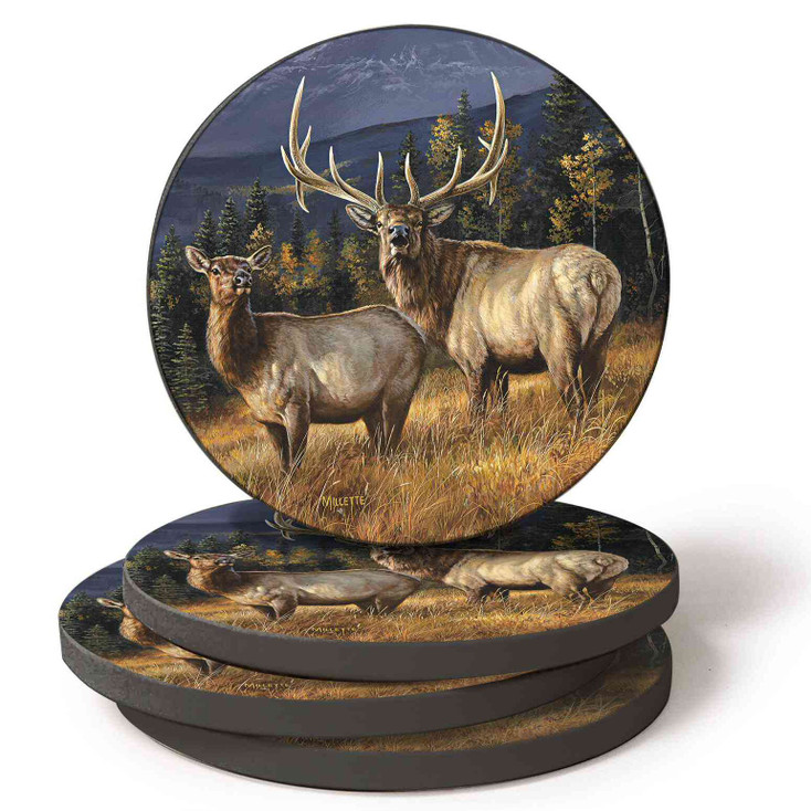 Autumn Gold Elk Absorbent Beverage Coasters by Rosemary Millette, Set of 4