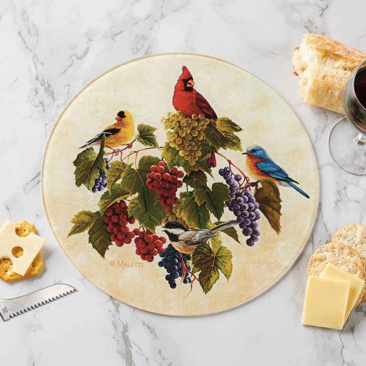 Vineyard Songbirds Round Glass Cutting Board