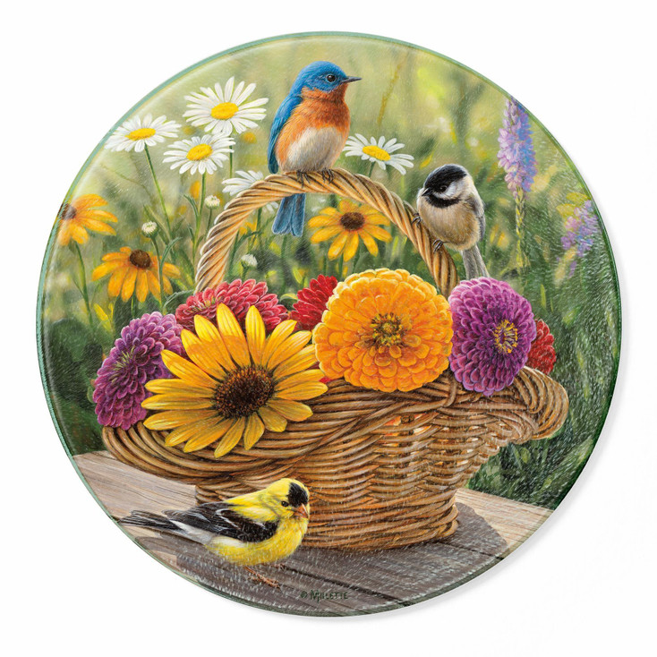 A Summer Bouquet Songbirds Round Glass Cutting Board