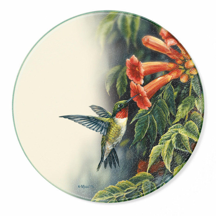 Summer Ruby-Throated Hummingbird Round Glass Cutting Board