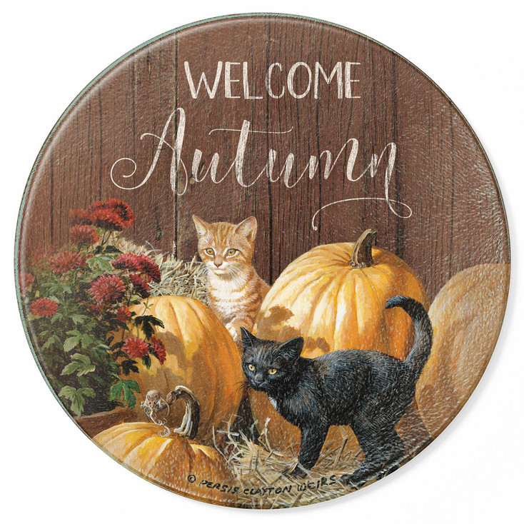 Welcome Autumn Kittens and Pumpkins Round Glass Cutting Board