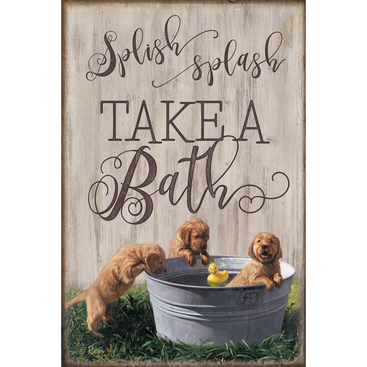12" x 18" Splish Splash Take a Bath Puppies Wood Sign