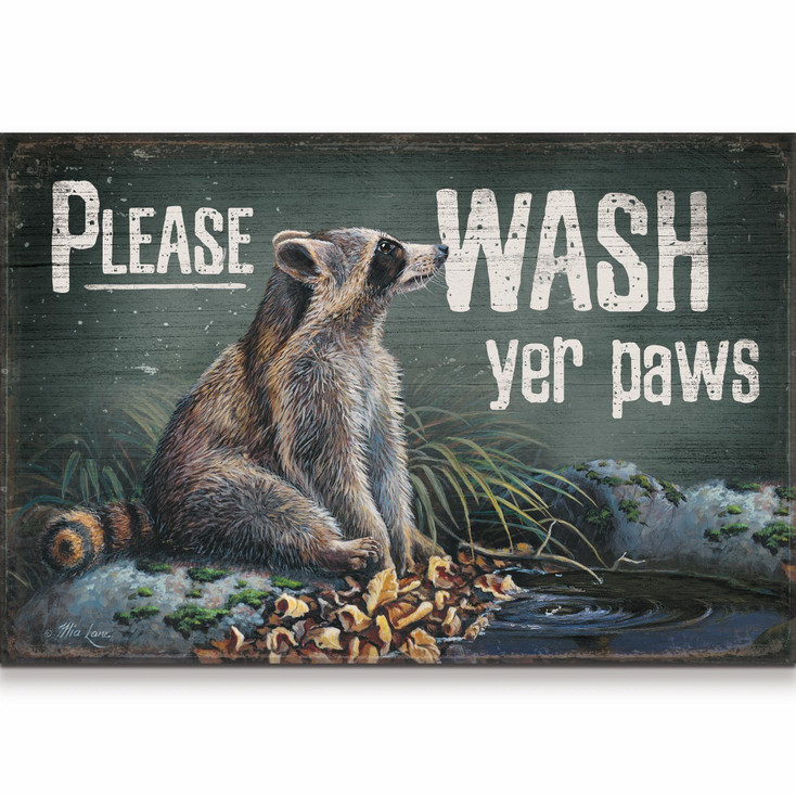 12" x 18" Please Wash Yer Paws Racoon Wood Sign