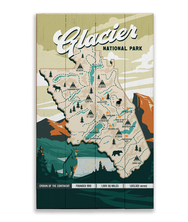 Glacier National Park Illustrated Map Smooth Wall Sign Wood or Metal