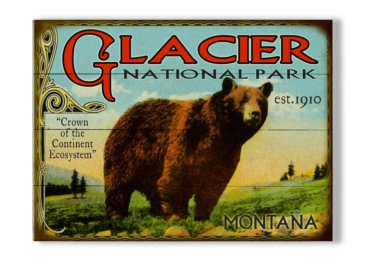 Glacier National Park Bear and Meadow Scene Wall Sign Wood or Metal