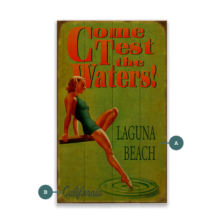Laguna Beach CA "Come Test the Waters" Lady Dipping Toe Green Wall Sign Wood or Metal