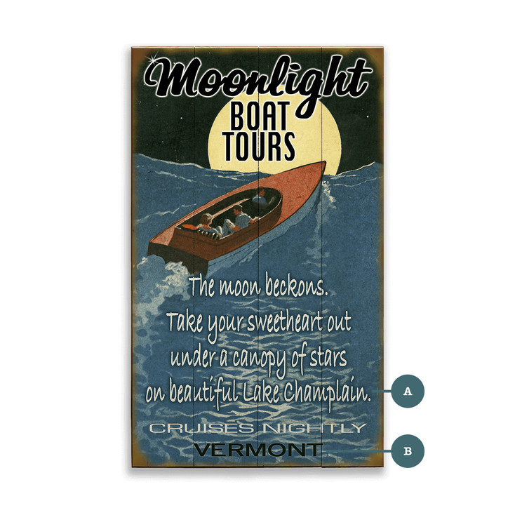 Vermont Moonlight Boat Tours Cruises Nightly Wall Sign Wood or Metal