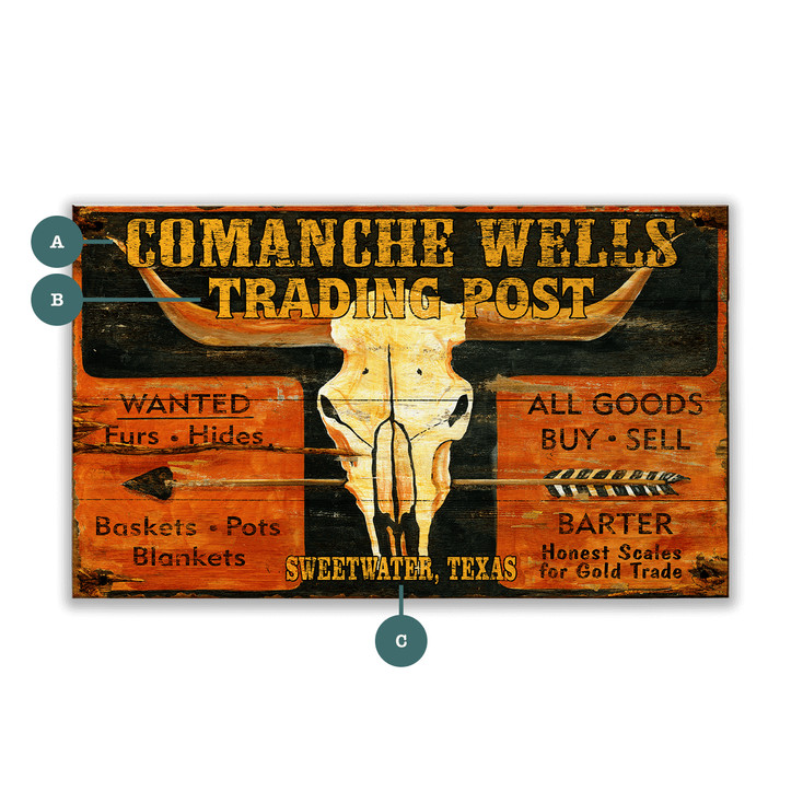 Comanche Wells Trading Post Skull Wall Sign Wood or Metal