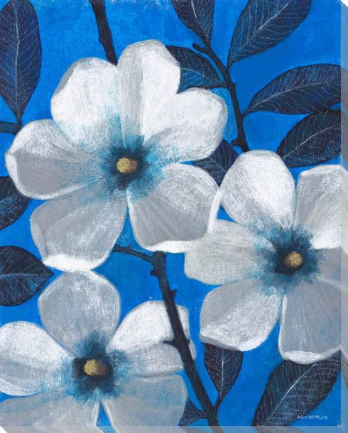 White Blossom Flowers On Blue II Wrapped Canvas Giclee Print