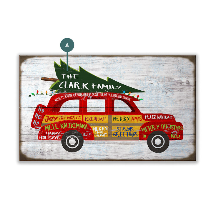 Assorted Holiday Greetings on a Christmas Car Wall Sign Wood or Metal